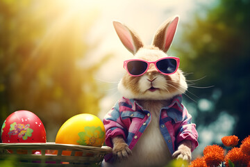 Fototapeta na wymiar funny Easter bunny with eggs 3d art