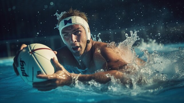 A water polo player treading water, preparing to take a powerful shot at the goal
