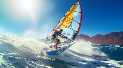 A windsurfer catching a wave with expertise, sail billowing against a clear blue sky