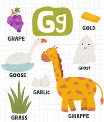 Alphabet letter G with cute object and animal illustration for children learning