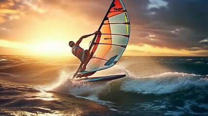 A windsurfer catching air and executing freestyle tricks, sail capturing the wind in dynamic motion
