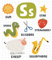 Alphabet letter S with cute object and animal illustration for children learning