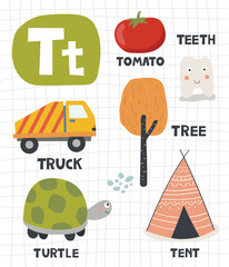 Alphabet letter T with cute object and animal illustration for children learning