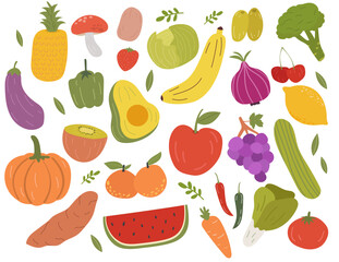 collection of fruits and vegetables hand drawn vector illustration