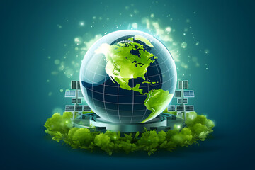 renewable energy light bulb with green energy, Earth Day or environment protection Hands protect forests that grow on the ground and help save the world, solar panels	