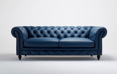 Navy blue sofa on wooden legs isolated on white. Darck blue leather couch isolated
