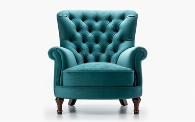 Teal armchair isolated on white background. Vintage turquoise velvet chair