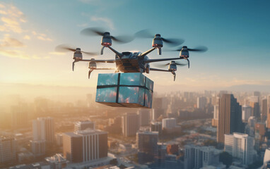 Fototapeta na wymiar Drone delivers fast food order by air over the city. Modern delivery equipment 