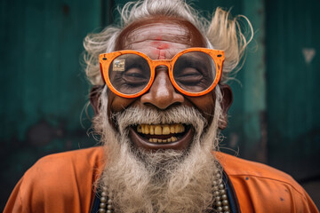 indian Sadhu or Holy Man wearing eyeglasses - obrazy, fototapety, plakaty