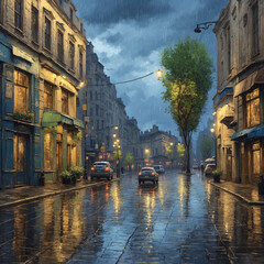 Rainy evening european cityscape