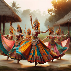 A group of women beautifully dressed in traditional attire, performing a dance in a village.