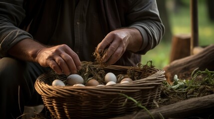 Close-up of a farmer holding a basket full of eggs.