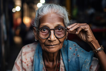 indian old woman wearing eyeglasses - obrazy, fototapety, plakaty