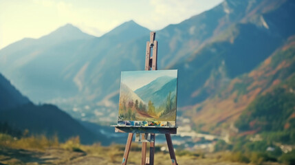 Close-up of an easel with a picture of the mountains - obrazy, fototapety, plakaty
