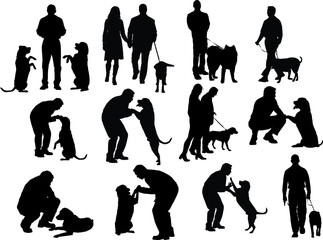 people silhouettes with dog - obrazy, fototapety, plakaty