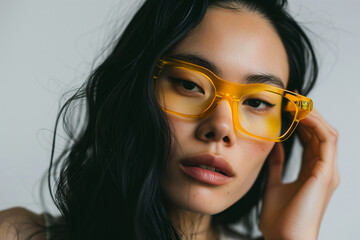 Fototapeta premium a beautiful Asian woman with yellow glasses. white background. model. long hair. 