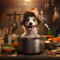 An happy dog halfway out of a pot on the stove. happy animal inside kitchen