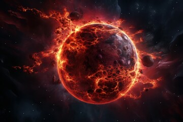 Enigmatic Lava planet in space. Alien volcano. Generate Ai - obrazy, fototapety, plakaty