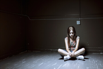 Depressed, sad and lonely teenage girl sitting on the floor in a dark room.