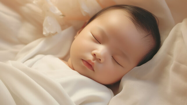 Sweet Dreams, Asian baby in White Dress Rests Peacefully - Innocence in Slumber.