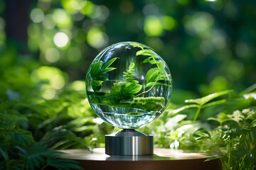 renewable energy light bulb with green energy, Earth Day or environment protection Hands protect forests that grow on the ground and help save the world, solar panels