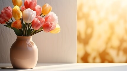 A vase of colorful tulips sits on a wooden surface against a blurred background, mother's day concept