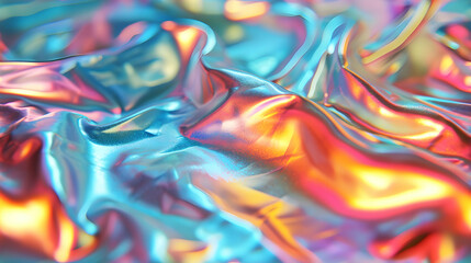 A vibrant and colorful textured background of iridescent, undulating fabric with shades of blue, pink, and orange