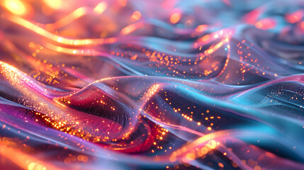 Abstract digital art of glowing, undulating waves with orange bokeh effects on a blue and red gradient background.