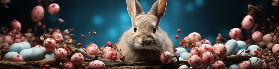 1:4 or 4:1 Eggs and bunnies mark the arrival of Easter, commemorating the resurrection of Jesus and spring.For web design, book cover,greeting cardbackgrounds, or other High quality printing projects. - obrazy, fototapety, plakaty