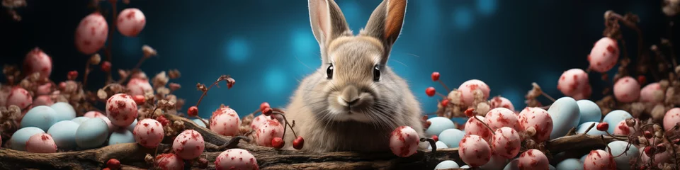 Foto op Canvas 1:4 or 4:1 Eggs and bunnies mark the arrival of Easter, commemorating the resurrection of Jesus and spring.For web design, book cover,greeting cardbackgrounds, or other High quality printing projects. © jkjeffrey