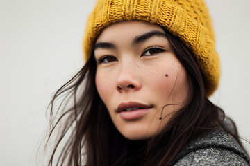 a beautiful Asian woman with yellow wool cap. whtie background