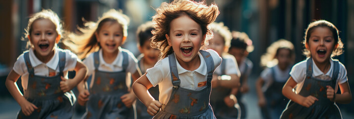 A group of young girls running down a street, going to school. - obrazy, fototapety, plakaty