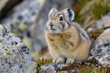 Naklejka na ściany i meble A Pika a small mammal with round ears and a fluffy tail, in its alpine habitat