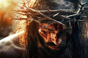 The path of Jesus through the crowd of unbelievers to Calvary. Jesus experiences pain while wearing the crown of thorns. - obrazy, fototapety, plakaty