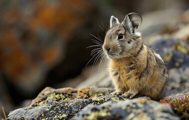 A Pika a small mammal with round ears and a fluffy tail, in its alpine habitat
