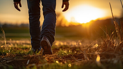 Person is walking down a rural path through a field at sunset - obrazy, fototapety, plakaty