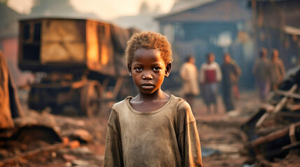 Fototapeta premium Beggar child. Concept of hunger and injustice in the world. Slums and a dirty hungry child