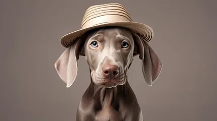 Fotobehang portrait of weimaraner dog in stylish hat, canine isolated on clean background © Maryna
