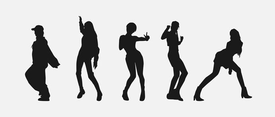 set of five female dancer silhouettes. street dancers with various different styles, poses, movements. vector illustration.