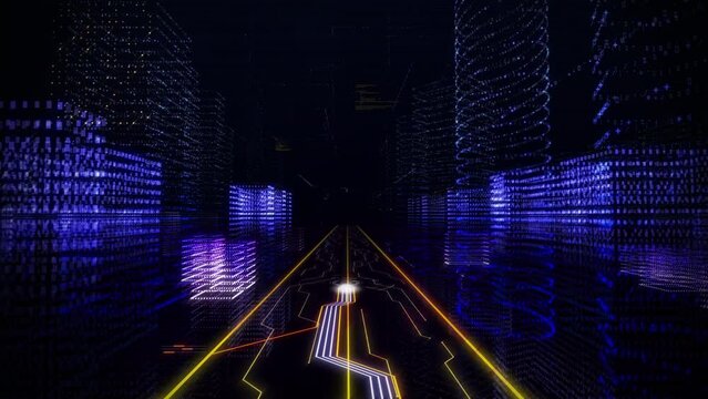 Digital Environment. Data Streams are Being Processed by the Golden Motherboard. A hologram is Being Created. The text Video Games with White and Blue Edges has Appeared. Virtual Reality. 3D animation