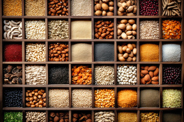 Assorted different types of beans and cereals grains. Set of indispensable sources of protein for a healthy lifestyle. Close-up. View from above. - obrazy, fototapety, plakaty
