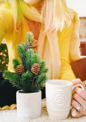 Mini Pine Tree with Woman holding Celtic Tea Cup