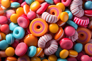 A close up of a pile of candy. Candy flat colorful background.