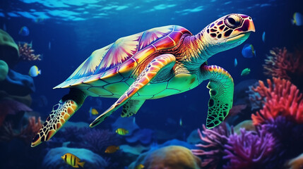 Fototapeta na wymiar A huge sea turtle swims in the deep blue ocean with a variety of corals and fish on its back, Generate AI.
