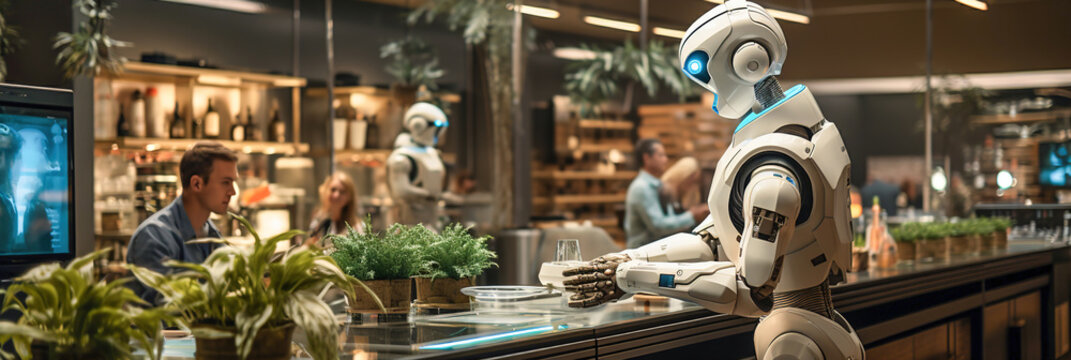 A robot helps and works in a pastry shop. Robot serve food.