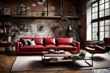 Industrial chic living room with a steel red leather sofa.