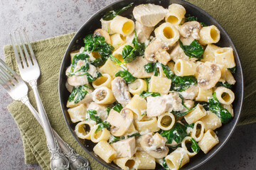 Creamy pasta with chicken meat, fried mushrooms, garlic, cheese and spinach close-up in a plate on the table. Horizontal top view from above