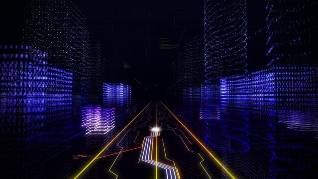 Moving Along Animated Highway In Artificial City Of Alternate Digital Reality. Experiencing Digital World. Word Hackathon. Violet Buildings On Black Backdrop. Digital Technology Realized By Software.