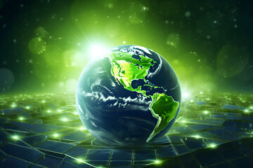 Fototapeta premium renewable energy light bulb with green energy, Earth Day or environment protection Hands protect forests that grow on the ground and help save the world, solar panels