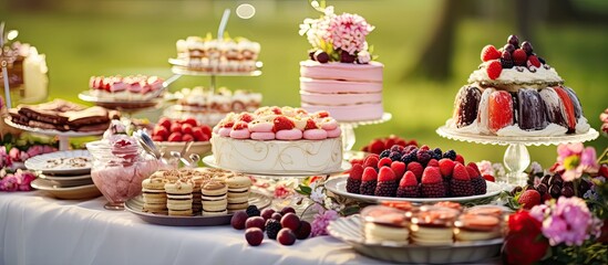Dessert buffet with homemade treats, outdoors at a wedding.